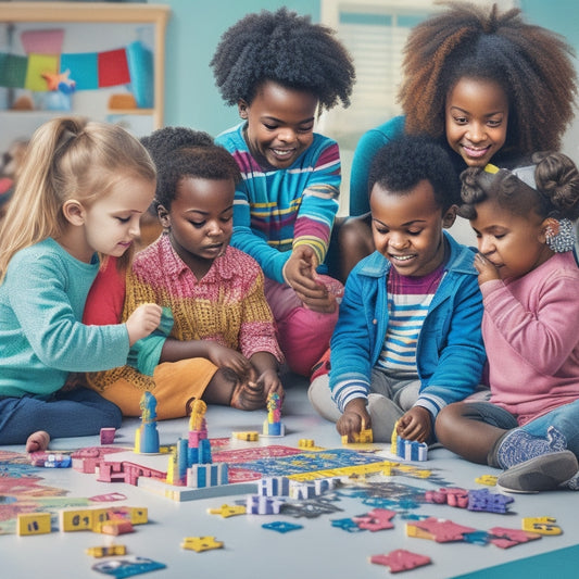 A colorful illustration of diverse children aged 4-8 gathered around a puzzle, building with letter blocks, and playing board games, surrounded by speech bubbles filled with tiny icons of words and stars.