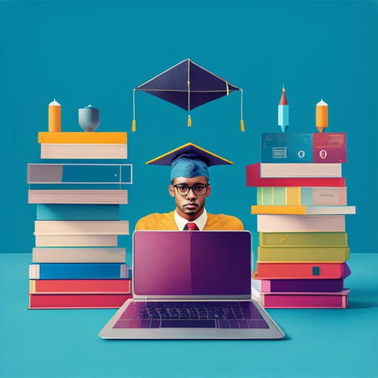 A minimalist illustration featuring a confident adult surrounded by digital devices, laptops, and tablets, with subtle hints of graduation caps and certificates in the background, symbolizing online learning.