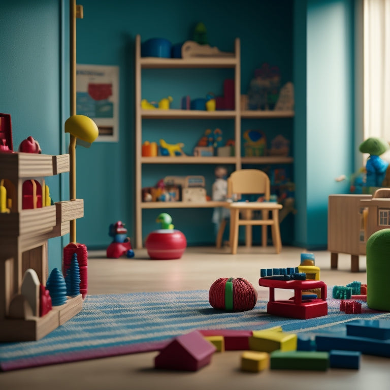 A colorful, clutter-free playroom with a mix of wooden and plastic toys, a child in the background building with blocks, surrounded by soft, rounded edges and a subtle, calming background.
