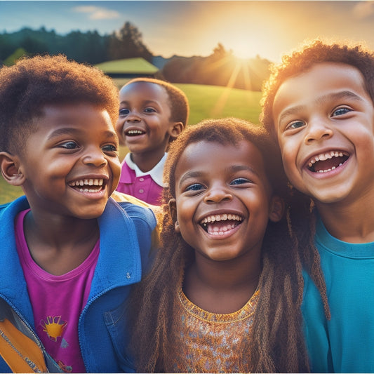 A colorful illustration of a smiling sun rising over Wyomissing Hills Elementary School, with happy children of diverse backgrounds playing and laughing together in the foreground.