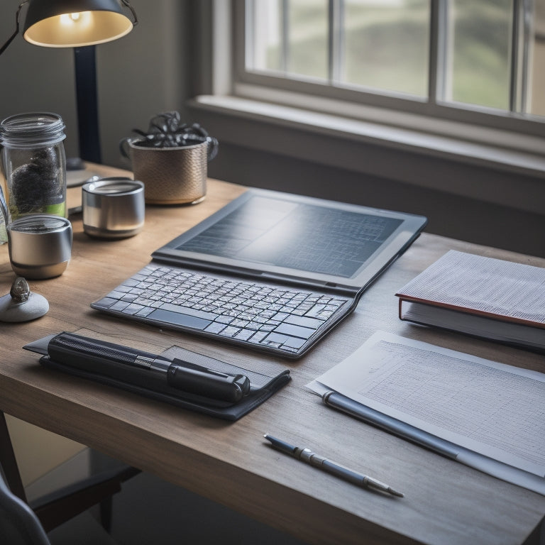 A clutter-free desk with a laptop, a few pens, and a notebook, surrounded by scattered math worksheets with formulas, graphs, and equations, under a calm, natural light background.