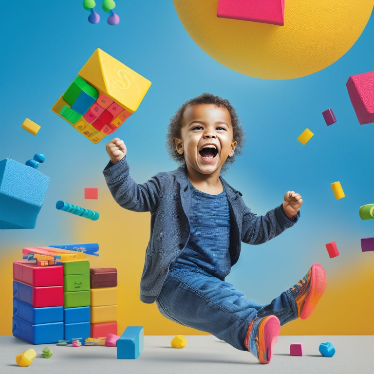 A colorful illustration of a smiling child surrounded by math-related objects (blocks, geometry shapes, abacus) with a joyful leap in mid-air, amidst a subtle background of math problems and equations.