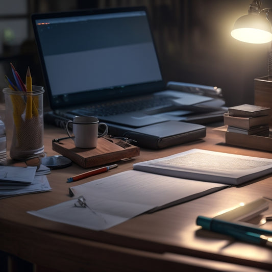 A cluttered desk with scattered calculus notes, pencils, and a faintly glowing laptop in the background, surrounded by a halo of light, with a single, triumphant pencil standing upright.