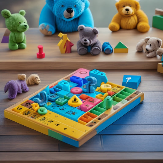A colorful, modern wooden arithmetic board with bright, oversized numbers and symbols, surrounded by diverse, engaged children of various ages, with blocks, counting bears, and other educational toys nearby.