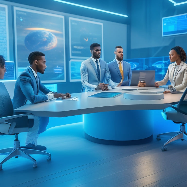 A futuristic virtual classroom with diverse avatars seated at futuristic desks, surrounded by holographic screens, virtual whiteboards, and floating 3D models, with a subtle glowing grid in the background.