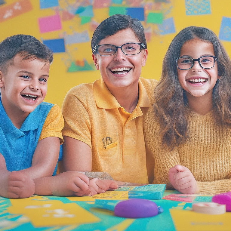 A colorful illustration of a smiling first-grade teacher surrounded by happy students, puzzle pieces, and worksheets with geometric shapes, numbers, and letters, set against a bright yellow background.