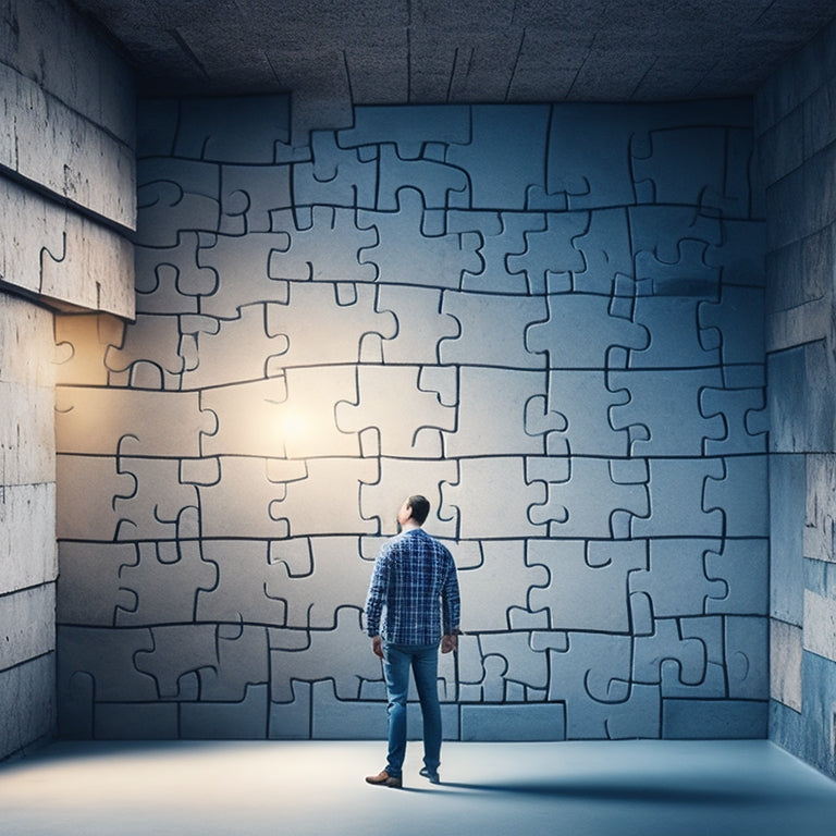 An illustration of a person standing in front of a large, puzzle-piece-filled wall, with some pieces fitting together, surrounded by subtle hints of light bulbs and sparks, conveying a sense of problem-solving and innovation.