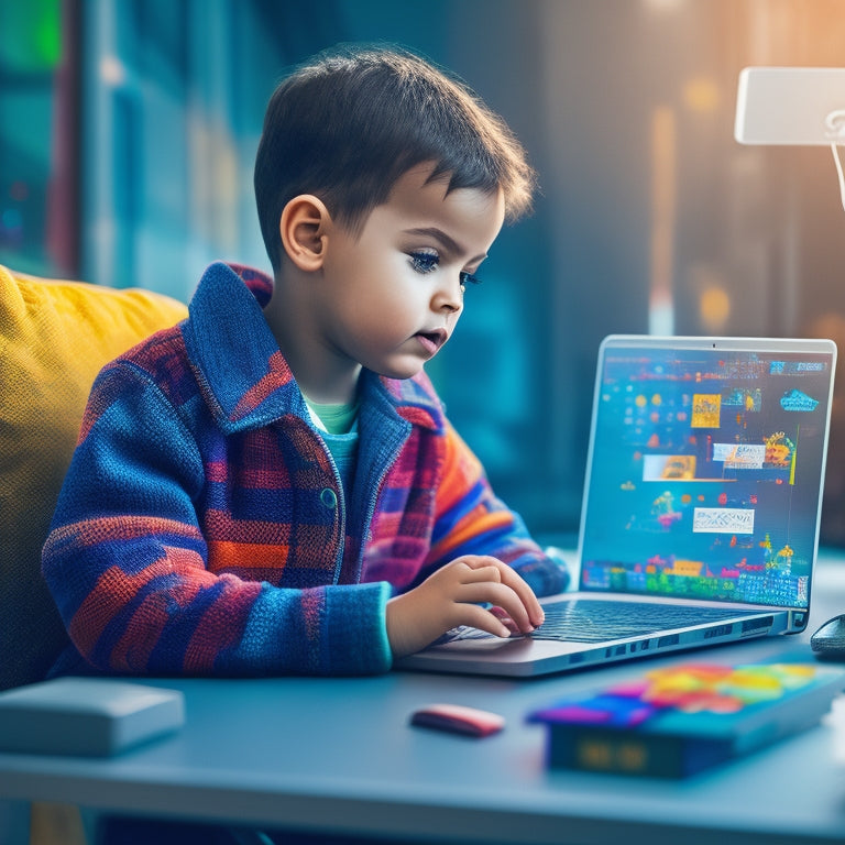 A colorful illustration depicting a young child sitting in front of a laptop, surrounded by coding blocks, math symbols, and a subtle cityscape or robot in the background, conveying fun and learning.