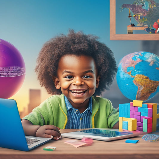 A colorful illustration of a smiling child sitting in front of a laptop, surrounded by math-related objects like blocks, geometry shapes, and a globe, with a subtle cityscape background.