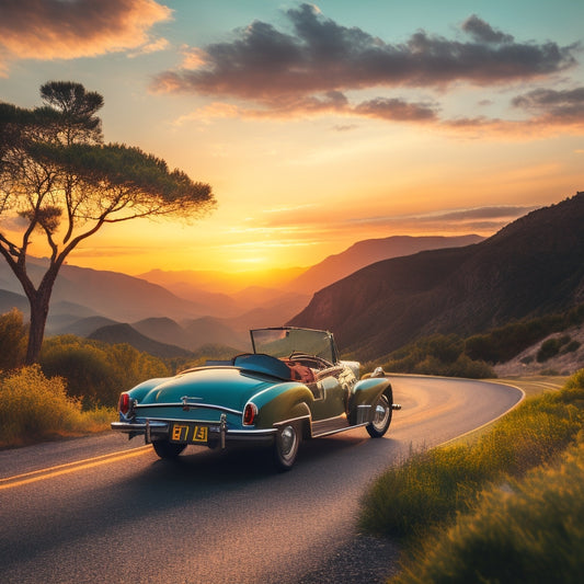 A vintage convertible parked on a scenic, winding road at sunset, surrounded by lush greenery, with a faint outline of a mountain range in the distance, and a few wispy clouds in the sky.