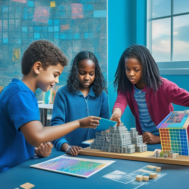 A colorful, dynamic illustration depicting 7th-grade students engaged in interactive math activities: a girl building a geometric cityscape with blocks, a boy using a tablet to graph equations, and a group collaborating on a math-themed escape room.