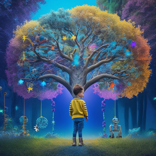 A colorful illustration of a child standing in front of a large, branching tree, with gears, circuits, and DNA helices integrated into the branches, surrounded by floating puzzle pieces, robots, and stars.