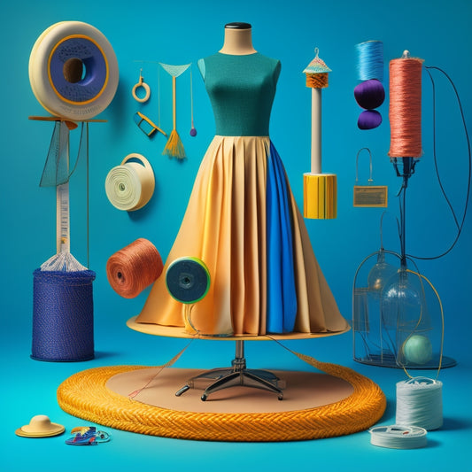 A stylized, minimalist illustration featuring a tailor's mannequin surrounded by swirling threads, fabrics, and measuring tapes, with various custom-made objects and items orbiting around it.
