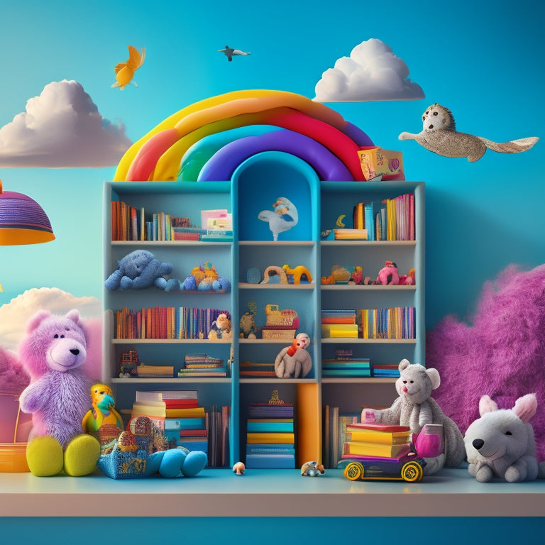 A whimsical illustration of a magical bookshelf overflowing with vibrant, colorful children's books, surrounded by curious toys and stuffed animals, set against a warm, sunny background with soft, white clouds.