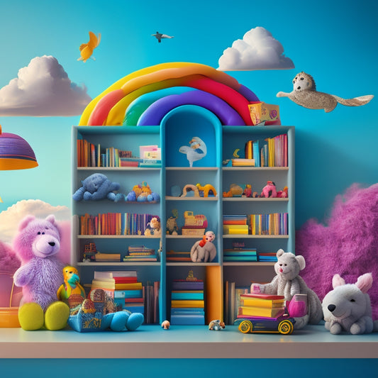 A whimsical illustration of a magical bookshelf overflowing with vibrant, colorful children's books, surrounded by curious toys and stuffed animals, set against a warm, sunny background with soft, white clouds.