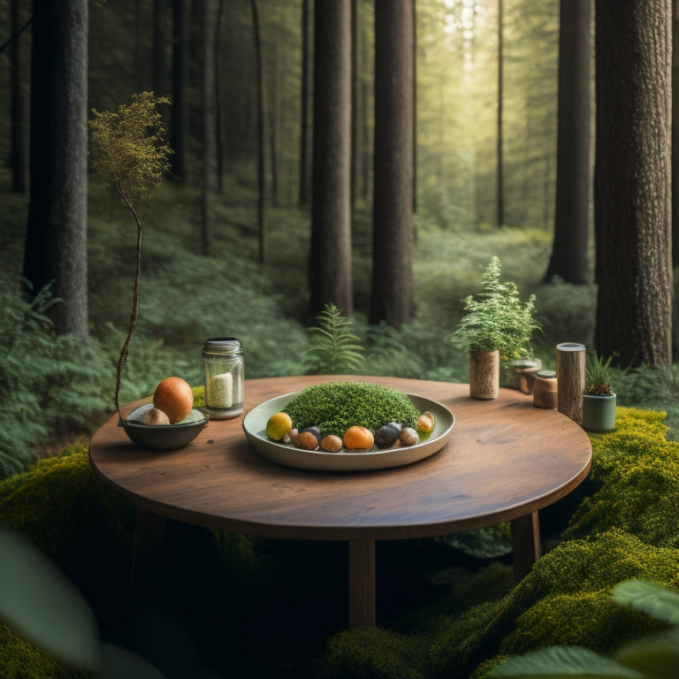 A serene forest scene with a wooden table in the center, surrounded by lush greenery, featuring a partially rolled out nature-themed printable, a few scattered leaves, and a single, delicate feather.