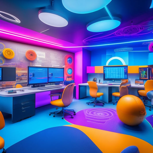 A futuristic, vibrant classroom with virtual reality headsets, tablets, and laptops surrounded by colorful, swirling shapes, gears, and puzzle pieces, conveying innovation and interactive learning.