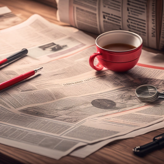 A stylized illustration of a newspaper with a bold, red headline strip, surrounded by scattered papers, pens, and a magnifying glass, set against a warm, wooden desk background.