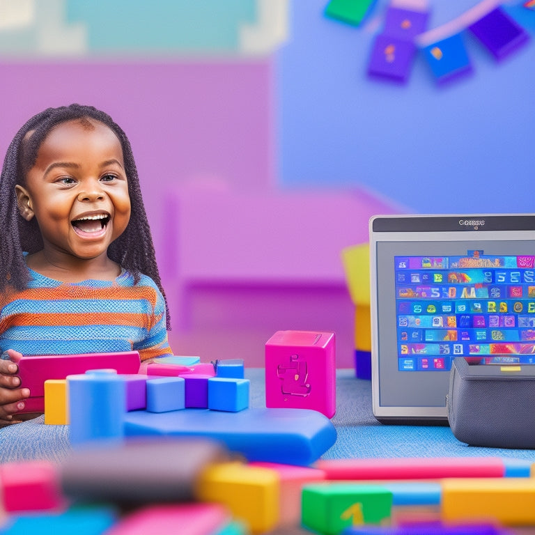 An illustration of a smiling preschooler surrounded by tablets, laptops, and smartphones, with digital game icons and colorful educational graphics floating around, amidst a subtle background of building blocks and crayons.