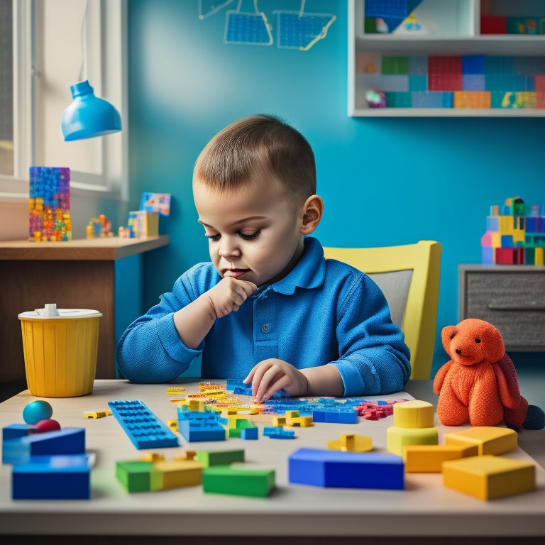 An illustration of a calm, happy autistic child sitting at a desk, surrounded by colorful blocks, puzzles, and math manipulatives, with a subtle background of gentle, swirling patterns and minimal distractions.