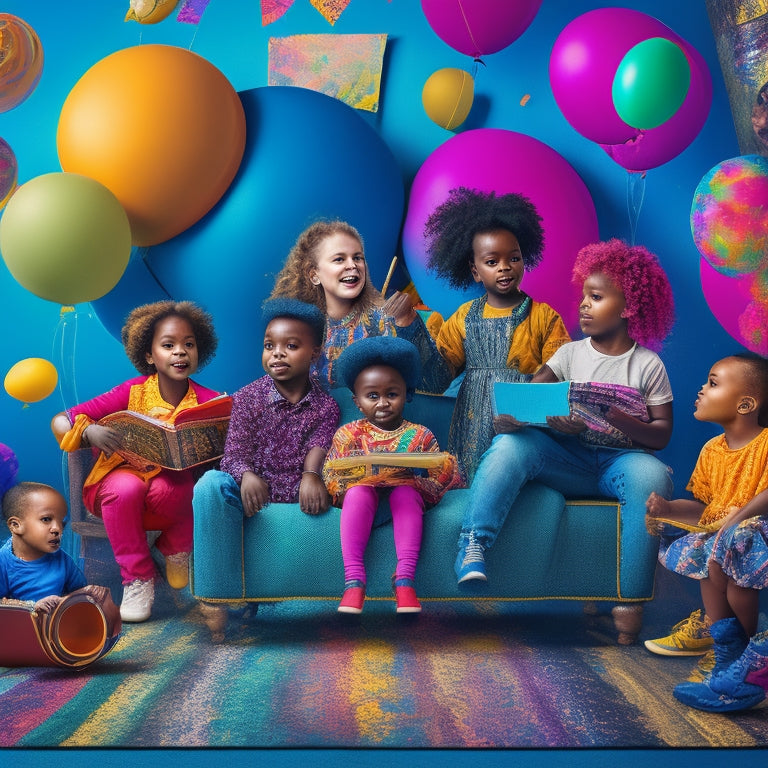 A vibrant, whimsical illustration of a diverse group of children surrounded by art supplies, musical instruments, and books, set against a bright, swirling background of colorful paint splatters and brain-shaped balloons.