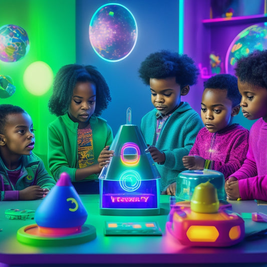 A colorful, whimsical illustration of a group of diverse children aged 4-8, surrounded by LeapFrog toys and educational tools, in a vibrant, futuristic classroom setting with neon lights and holographic projections.