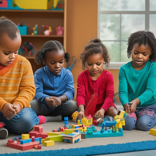 A colorful, clutter-free playroom scene with a diverse group of children aged 4-8, engaged in various problem-solving activities, surrounded by puzzles, building blocks, and STEM-inspired toys.