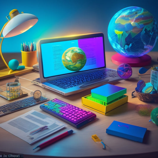 A colorful illustration of a teacher's desk with a laptop, surrounded by various math-themed objects like geometric shapes, calculators, and a globe, with subtle digital sparks and glowing lines.