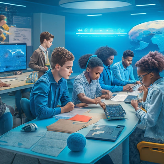 A futuristic classroom scene with diverse students engaged in collaborative problem-solving activities, surrounded by laptops, tablets, and virtual reality headsets, with puzzle pieces, brain teasers, and coding symbols integrated into the environment.