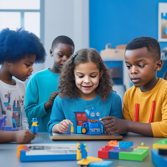 A playful, colorful illustration of a diverse group of kids (ages 6-12) gathered around a large tablet, coding and creating together, surrounded by robots, coding blocks, and colorful graphics.