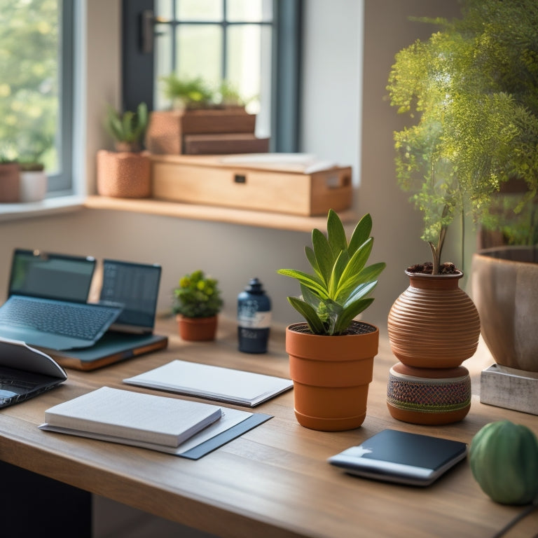 A serene home workspace with a laptop, notebook, and pencils, surrounded by a few favorite toys, a plant, and a calming background, conveying a sense of comfort and focus.