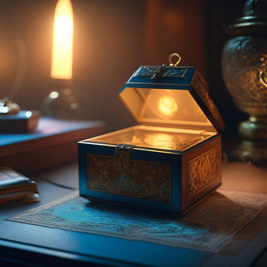 A mysterious, ornate box with a glowing aura, surrounded by scattered business documents, charts, and graphs, with a subtle, shimmering light emanating from the lid, as if revealing hidden secrets.