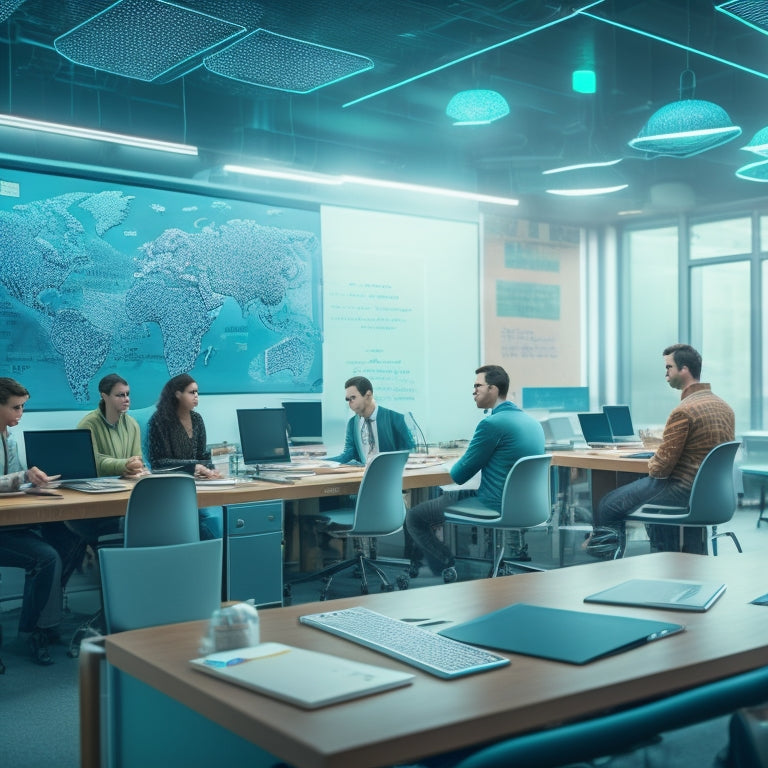 A futuristic classroom with holographic math problems floating above students' desks, surrounded by virtual reality headsets, tablets, and laptops, with a cityscape or circuit board patterned background.