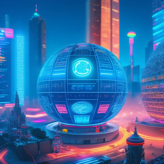 A futuristic, neon-lit cityscape with a giant brain at its center, surrounded by orbiting gears, robots, and smartphones, amidst a backdrop of shifting Google search bars and algorithmic patterns.