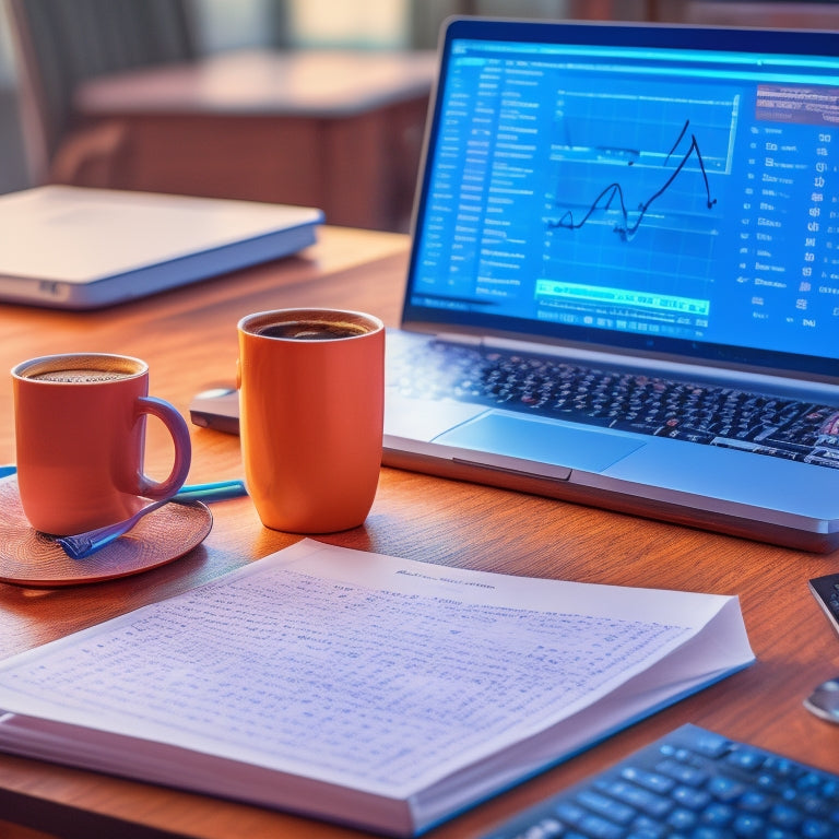 An illustration of a laptop screen displaying a solved algebra equation, surrounded by scattered math notes, pencils, and a cup of coffee, with a subtle background of a student's study desk.