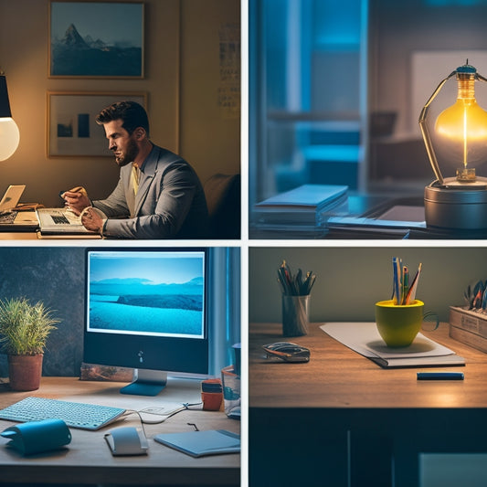 A split-screen image featuring a person sitting in front of a desk with a laptop open to a data dashboard, surrounded by scattered papers and pens, contrasted with a clean and organized workspace with a single, glowing lightbulb.