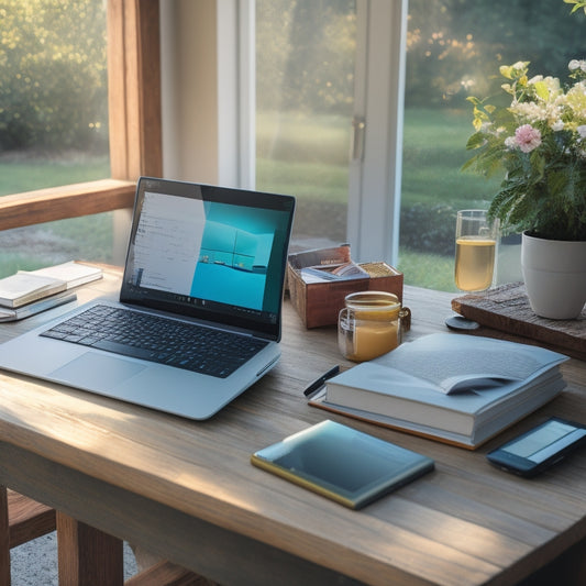 A serene, minimalist illustration of a laptop surrounded by scattered tablets, smartphones, and a few open textbooks, amidst a subtle background of a cozy home study area or a quiet outdoor setting.