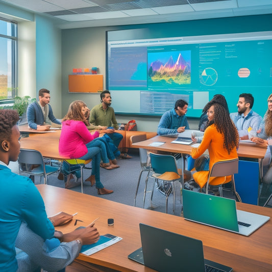 A modern, well-lit classroom with diverse students collaborating in small groups, surrounded by interactive whiteboards, laptops, and tablets, with 3D graphs, charts, and math simulations projected on screens.