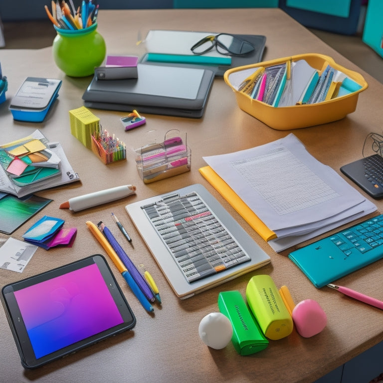 A colorful, organized desk scene featuring a laptop, tablet, and smartphone displaying various digital worksheets, surrounded by pencils, a calculator, and a few open textbooks, with a subtle background of a 6th-grade classroom.