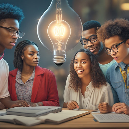 An illustration of a diverse group of students, each with a unique learning tool or gadget, surrounding a large, glowing lightbulb, symbolizing empowerment and educational growth.
