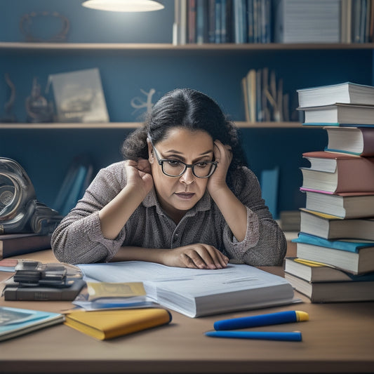 An illustration of a homeschooling parent sitting at a desk surrounded by various math textbooks, workbooks, and online devices, with a puzzled expression, amidst a subtle background of mathematical symbols and shapes.