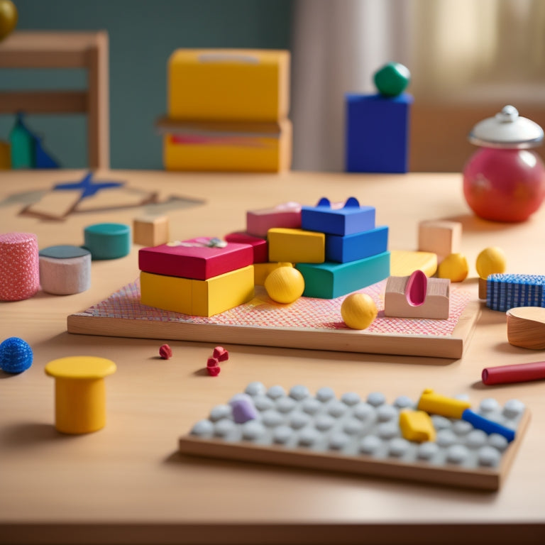 A colorful, clutter-free table setting with a mix of wooden blocks, abacus, shape sorters, and counting toys, surrounded by a few scattered paper sheets with crayon-drawn math symbols.