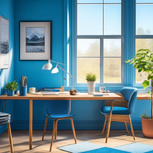 A serene study space with a laptop open to a virtual whiteboard, surrounded by textbooks, notebooks, and a cup of coffee, against a calming blue background with subtle grid patterns.