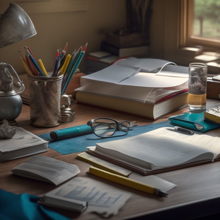 A cluttered desk with scattered math textbooks, scribbled notes, and a few crumpled papers, contrasted with a tidy corner featuring a single, open algebra book, a sharp pencil, and a calm, focused student in the background.