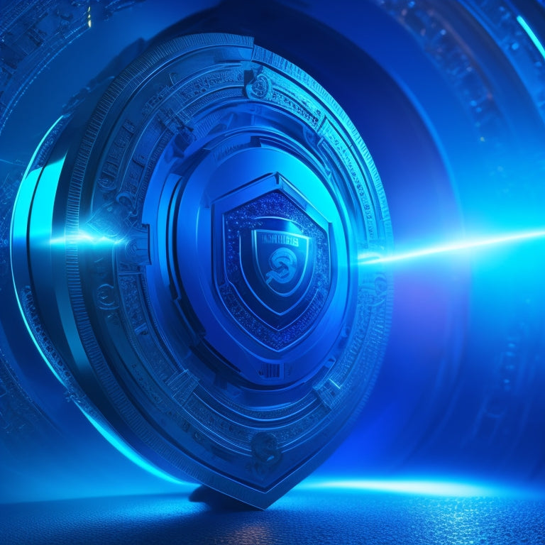 A futuristic browser window with a shield emblem on the top-left corner, surrounded by a circular glow, with digital locks and chains breaking apart in the background, set against a dark blue gradient.