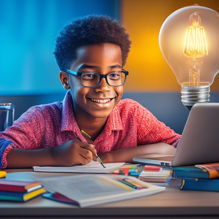 A colorful illustration of a smiling 6th-grade student sitting in front of a laptop, surrounded by scattered textbooks and pencils, with a thought bubble containing a quiz question and a lightbulb moment.
