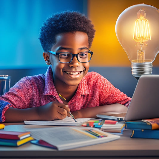 A colorful illustration of a smiling 6th-grade student sitting in front of a laptop, surrounded by scattered textbooks and pencils, with a thought bubble containing a quiz question and a lightbulb moment.
