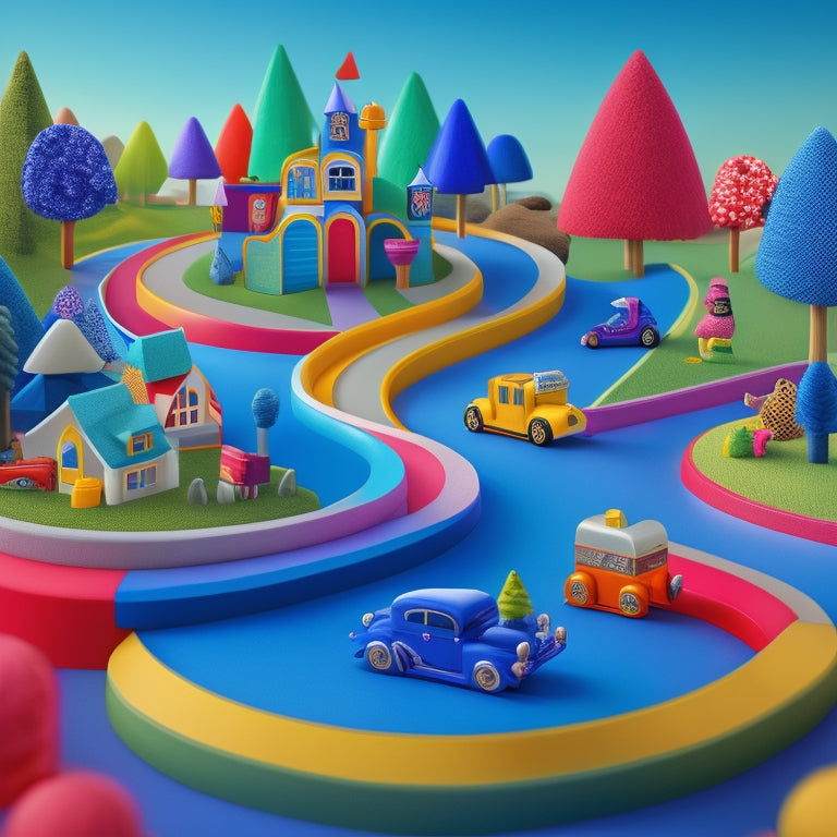 A whimsical illustration featuring a vibrant, winding road lined with toys for different age groups, from blocks and stuffed animals for toddlers to board games and puzzles for older kids.