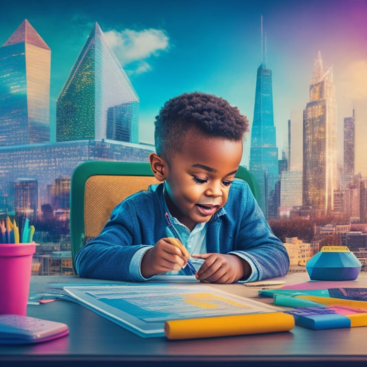 A colorful illustration of a happy, curious child sitting at a desk surrounded by scattered math worksheets, pencils, and a tablet with a math problem solving app open, with a subtle cityscape or futuristic background.