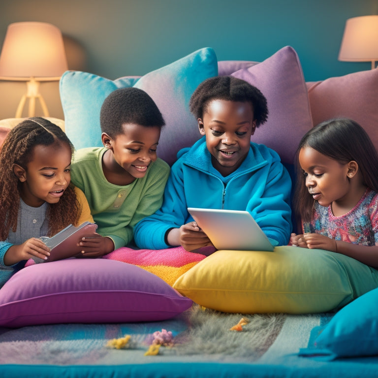 An illustration of a diverse group of children with special needs engaging in virtual learning activities, surrounded by assistive technologies, pillows, and calming elements, with warm lighting and pastel colors.